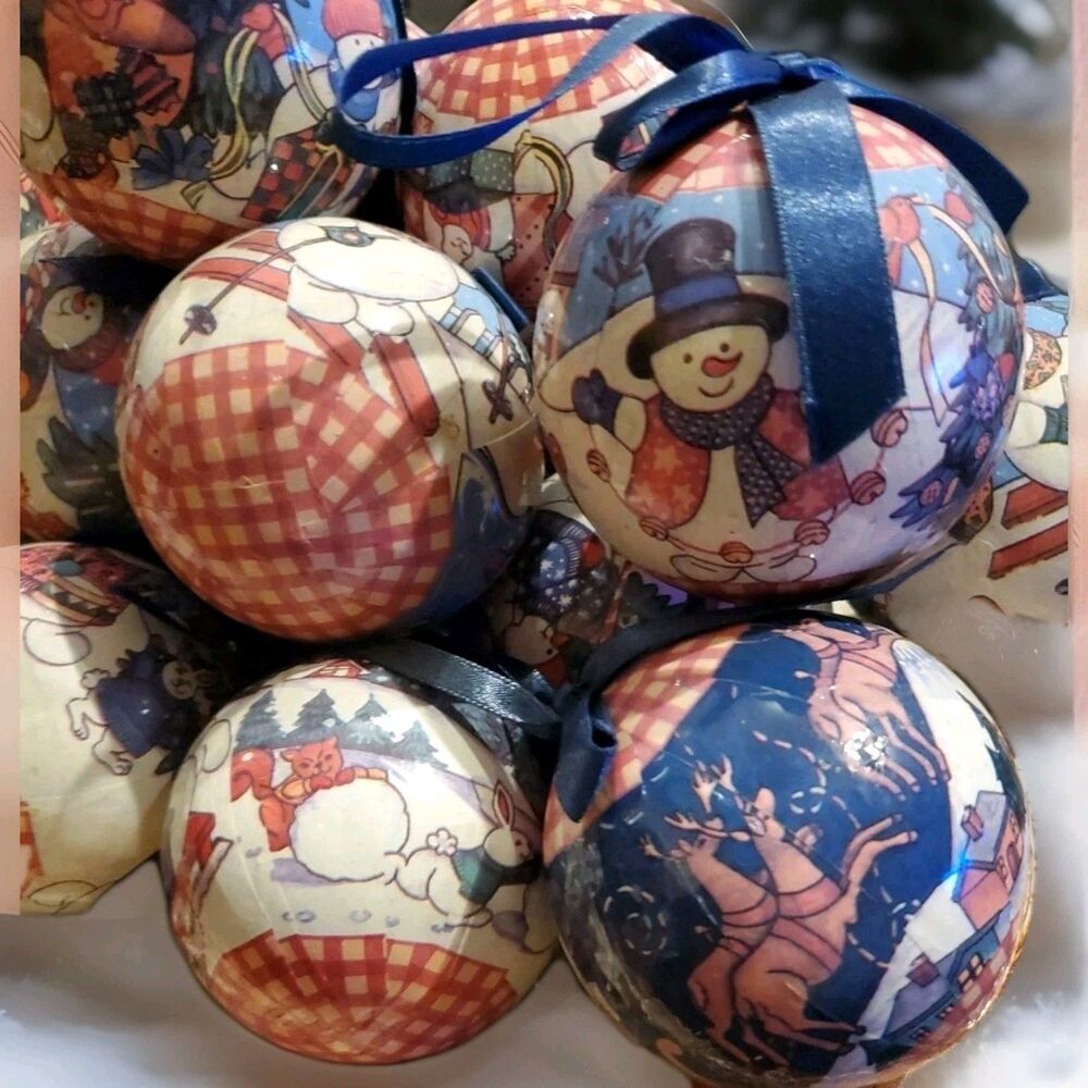Vtg Decoupage Paper Mache Christmas Ornaments Lot Of 20 Country Snowman Gingham